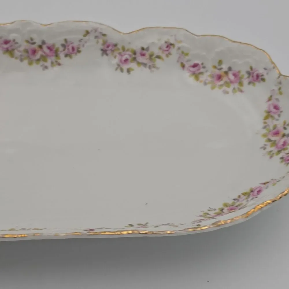 Antique Austria Karlsbad Porcelain Serving Tray Pink Roses Gold Gilt 12x6